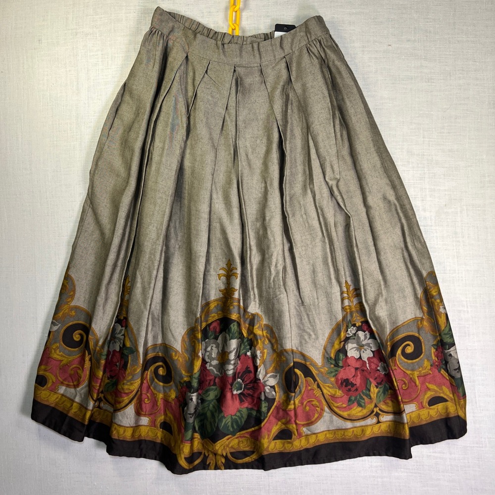 VTG Donna Morgan MIDI Skirt Women 10 Brown Floral Border Print Pleated Rayon EUC